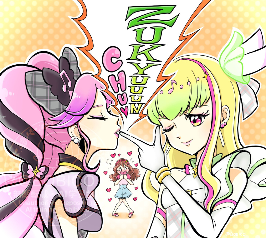 3girls, bare_shoulders, black_hair, blonde_hair, blowing_kiss, blunt_bangs, blush, bobico, bracelet, braid, brown_hair, choker, closed_eyes, comic_sans, cure_kiss, cure_zukyuun, denim, denim_skirt, dress, earrings, elbow_gloves, excited, facing_to_the_side, finger_gun, frilled_dress, frilled_sleeves, frills, full-face_blush, gingham_skirt, gloves, gradient_hair, green_eyes, hair_extensions, hair_ornament, hair_ribbon, hair_wings, hand_on_another's_mouth, hands_on_own_hand, headband, heart, heart-shaped_pupils, heart_in_mouth, highres, jewelry, kimi_to_idol_precure, lips, lipstick, long_hair, makeup, multicolored_hair, multiple_earrings, multiple_girls, one_eye_closed, open_mouth, parted_bangs, pearl_earrings, pink_hair, polka_dot, polka_dot_background, precure, ribbon, ribbon_choker, ribbon_shoes, sakura_uta_(precure), short_sleeves, sideways, skirt, speech_bubble, sweat, sweatdrop, symbol-shaped_pupils, twin_braids, twintails, very_long_hair, watermark, white_gloves, wing_hair_ornament, wrist_cuffs