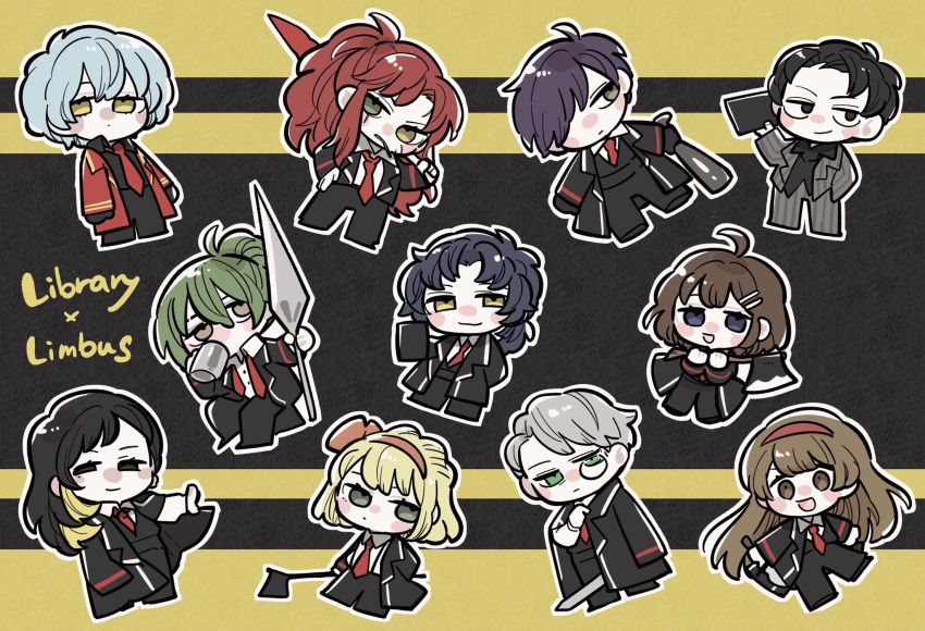 5boys, 6+girls, :d, angela_(project_moon), axe, baseball_bat, binah_(project_moon), black_background