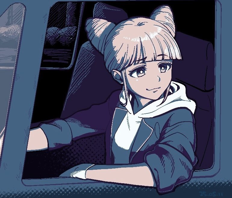 1girl, ameito, blunt_bangs, car_interior, closed_mouth, commentary_request, cone_hair_bun, double_bun, gloves, hair_bun, hood, hood_down, hoodie, jaggy_lines, monochrome, motor_vehicle, short_hair, smile, solo, tomarigi_yasumi, toshi_densetsu_kaitai_center, upper_body, van
