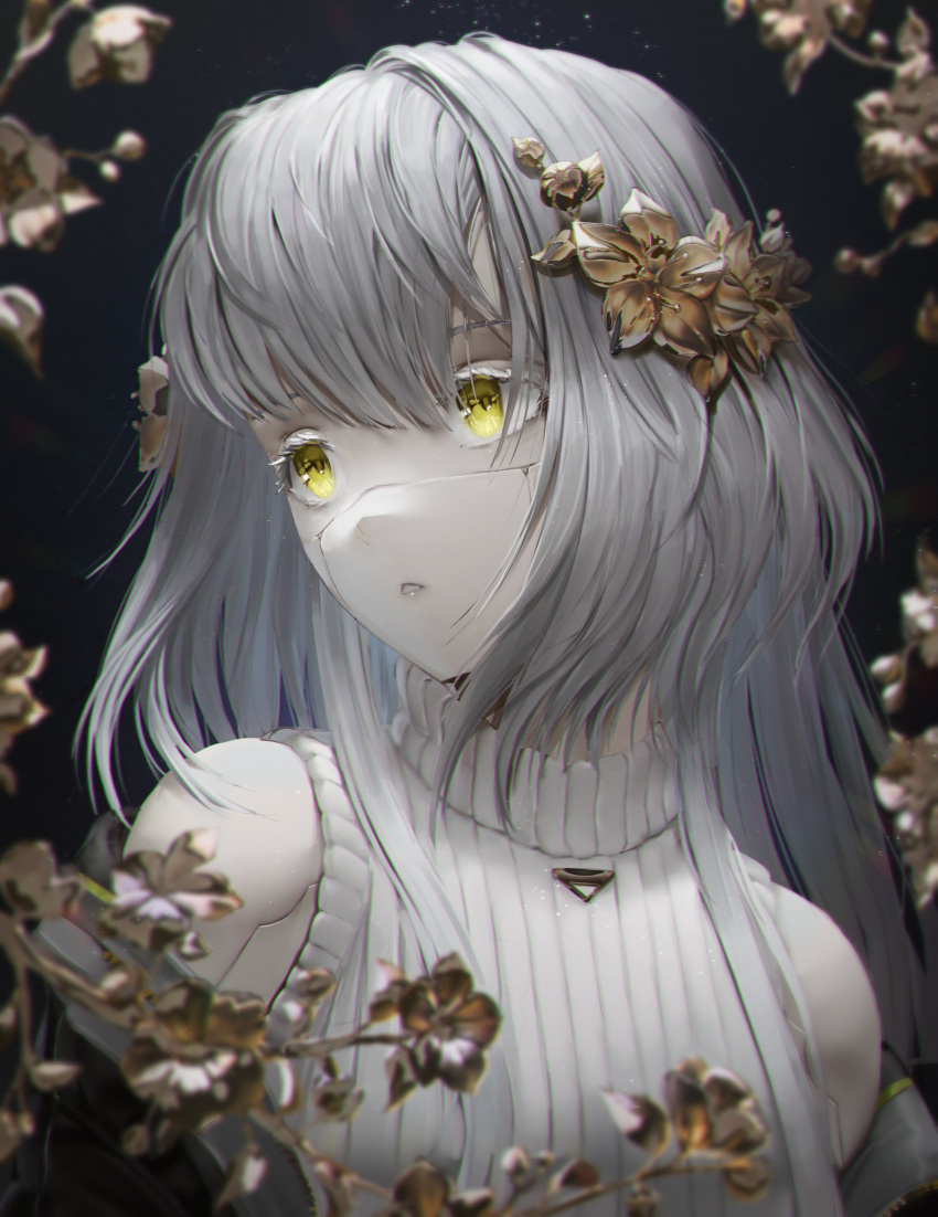 1girl, absurdres, bare_shoulders, black_background, blurry, blurry_background, blurry_foreground, colored_skin