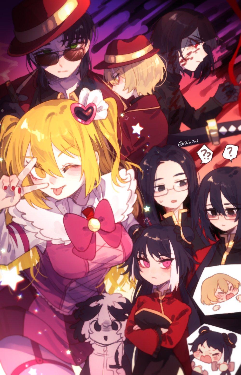 4boys, 4girls, ;p, ?, ??, black_eyes, black_gloves, black_hair, blonde_hair, blood, blood_on_face, breasts, commentary_request, don_quixote_(project_moon), double_bun, dumbbell, e.g.o_(project_moon), glasses, gloves, green_eyes, hair_between_eyes, hair_bun, hair_ornament, hat, heart, heart_hair_ornament, highres, holding, holding_dumbbell, in_the_name_of_love_and_hate_(e.g.o), jang_schna, jia_family_(identity)_(project_moon), jia_xichun_(project_moon), korean_commentary, limbus_company, meursault_(project_moon), multiple_boys, multiple_girls, one_eye_closed, pink_eyes, pmchell_04, project_moon, red_eyes, red_hat, red_nails, ryoshu_(project_moon), sinclair_(project_moon), spoken_question_mark, sword, thumb_(identity)_(project_moon), tongue, tongue_out, twintails, twitter_username, two_side_up, v, v_over_eye, weapon, wei_(project_moon), yellow_eyes, yi_sang_(project_moon)