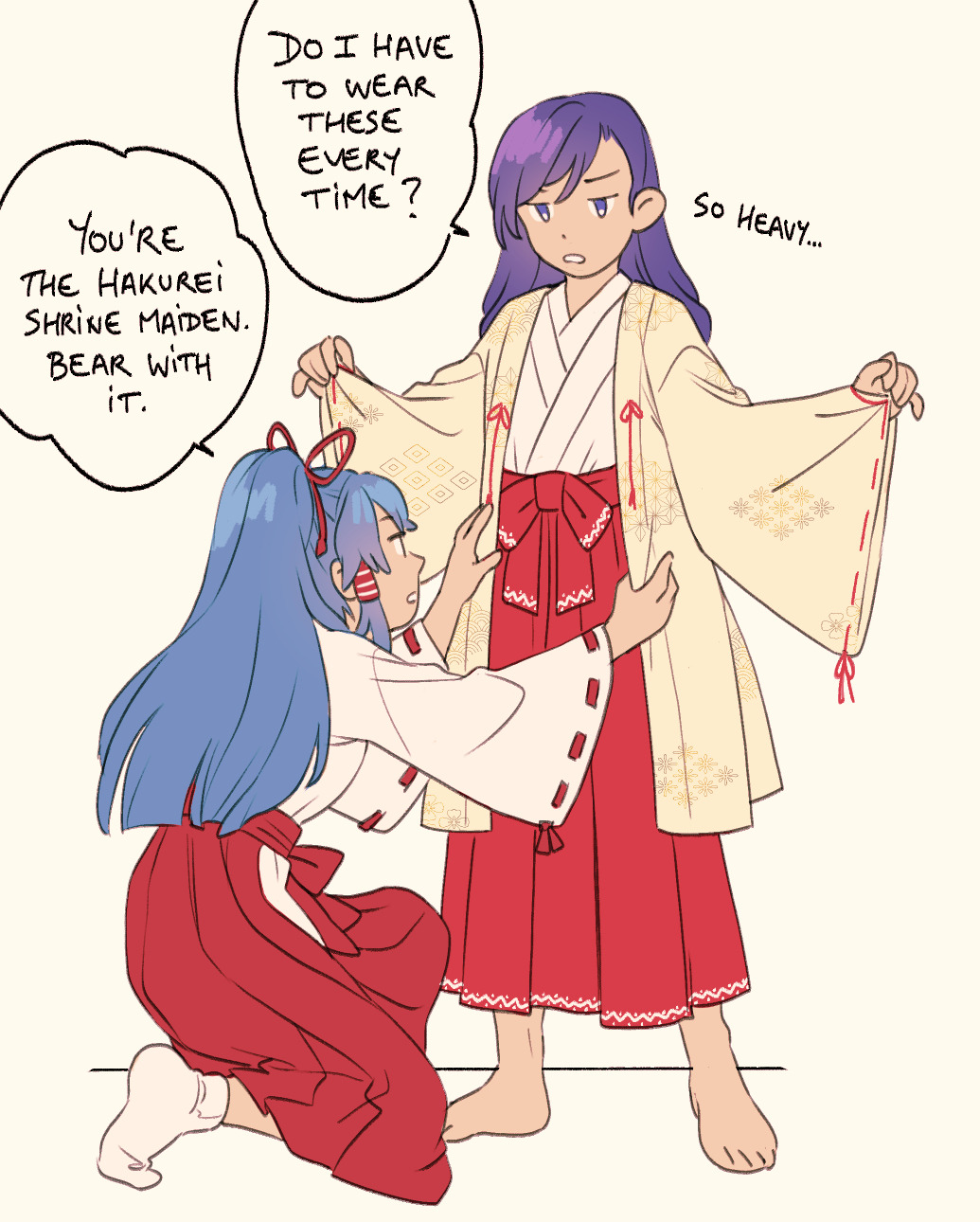 2girls, barefoot, blue_hair, commentary, dolls_in_pseudo_paradise, english_text, full_body, hair_ribbon