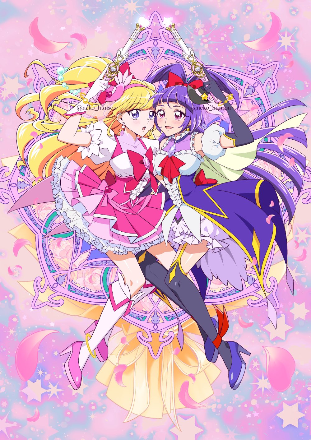 2girls, asahina_mirai, bare_arms, bare_shoulders, black_gloves, blonde_hair, blush, boots