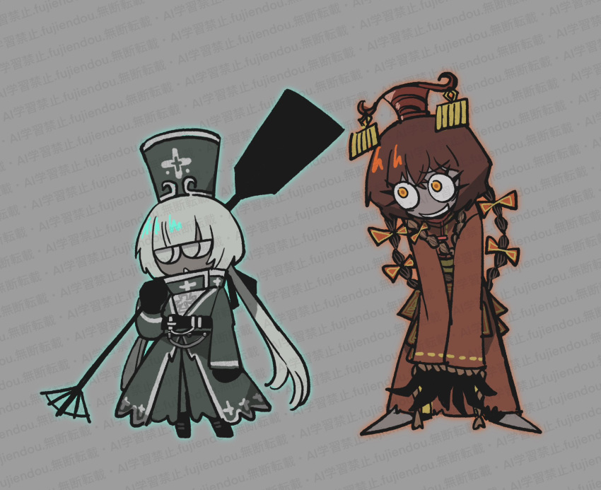 1boy, 1girl, artist_name, black_gloves, brown_hair, charon_(project_moon), chinese_clothes, dress