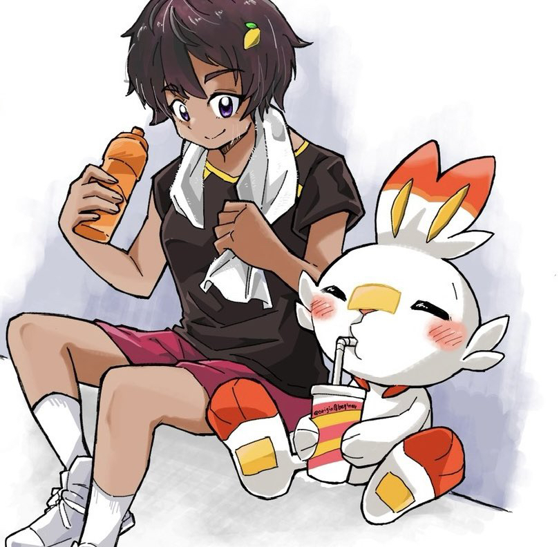 1girl, artist_name, black_shirt, bottle, closed_eyes, dark-skinned_female, dark_skin, drinking, drinking_straw, food-themed_hair_ornament, hair_ornament, holding, holding_towel, lemon_hair_ornament, make_heroine_ga_oo_sugiru!, originbeginer, pokemon, pokemon_(creature), red_shorts, scorbunny, shirt, short_hair, short_sleeves, shorts, sitting, smile, socks, sports_bottle, towel, white_socks