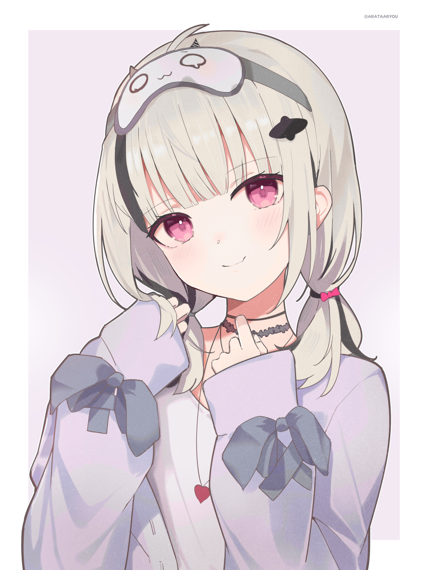 1girl, absurdres, arata_ryou, asumi_sena, asumi_sena_(5th_costume), black_choker, black_hair, blush, border, cardigan, choker, closed_mouth, grey_hair, hair_tie, highres, jewelry, looking_at_viewer, mask, mask_on_head, multicolored_hair, necklace, outside_border, pink_eyes, purple_background, shirt, sleep_mask, solo, streaked_hair, twitter_username, two-tone_hair, virtual_youtuber, vspo!, white_border