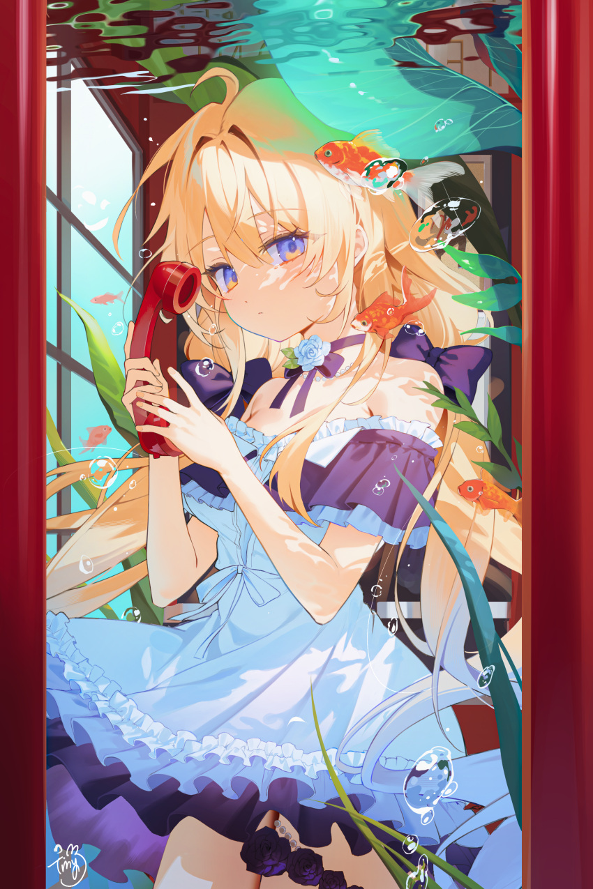 1girl, absurdres, antique_phone, blonde_hair, blue_bow, blue_dress, blue_eyes, blue_flower