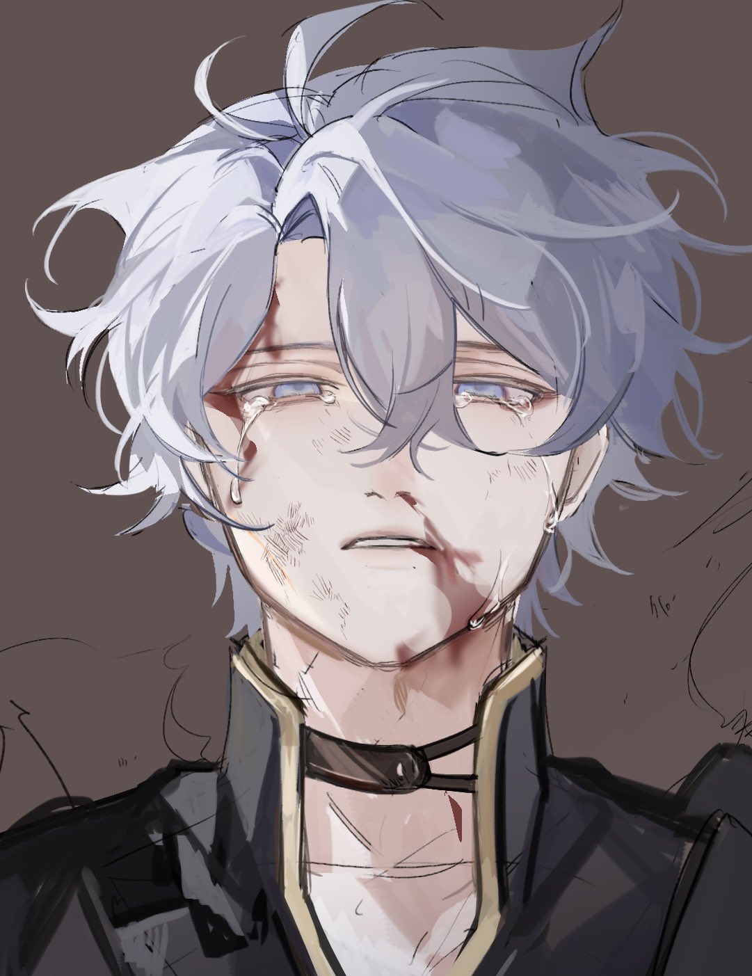 1boy, antenna_hair, black_choker, black_shirt, blood, blood_from_mouth, blood_on_face, blood_stain