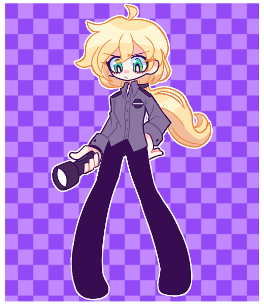 1girl, ahoge, blonde_hair, border, checkered_background, fallenmooon, five_nights_at_freddy's, five_nights_at_freddy's:_security_breach
