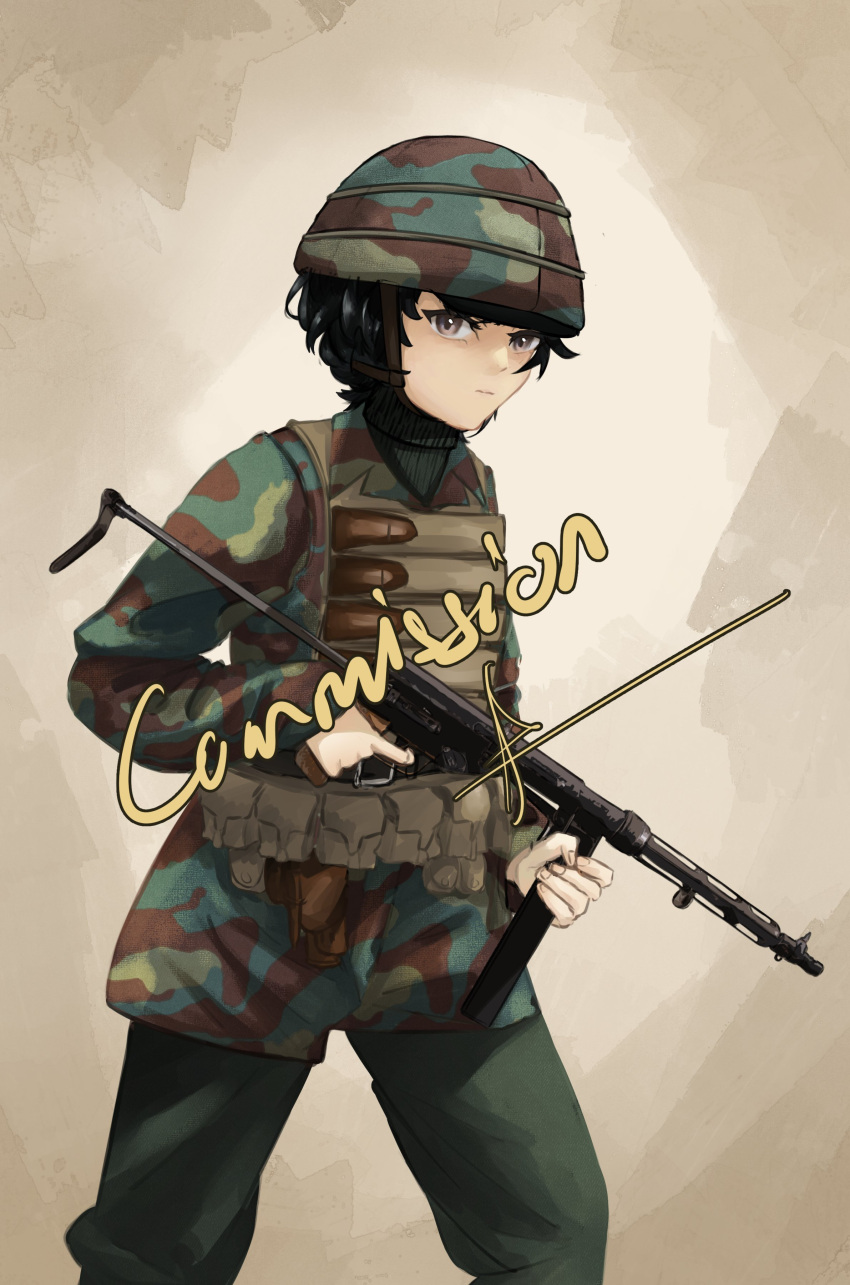 1girl, absurdres, ala_koli, ammunition_pouch, black_hair, brown_eyes, camouflage, camouflage_jacket, commission, gun, helmet, highres, italy, jacket, military, military_uniform, original, paratrooper, pouch, smock, submachine_gun, turtleneck, weapon, world_war_ii