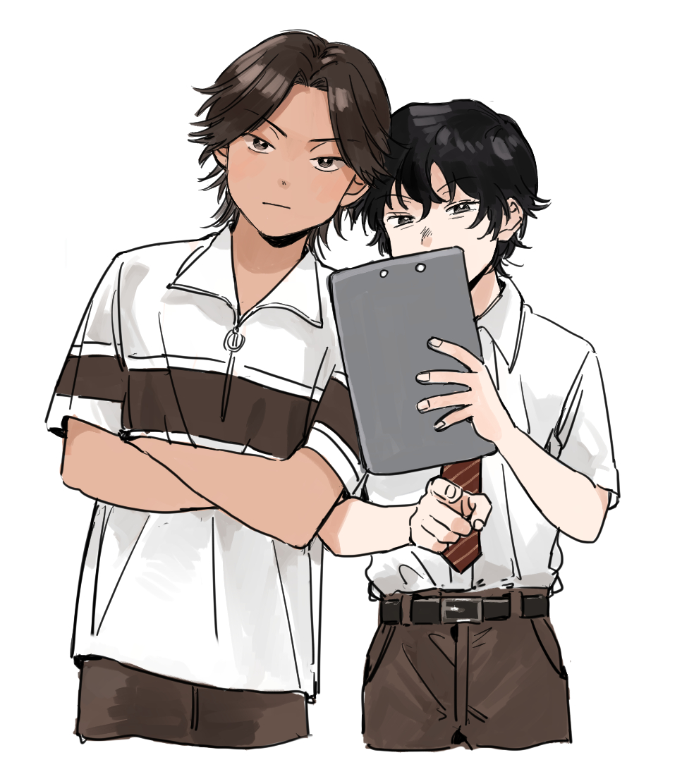2boys, :/, akazawa_yoshirou, belt, black_hair, brown_eyes, brown_hair, brown_pants