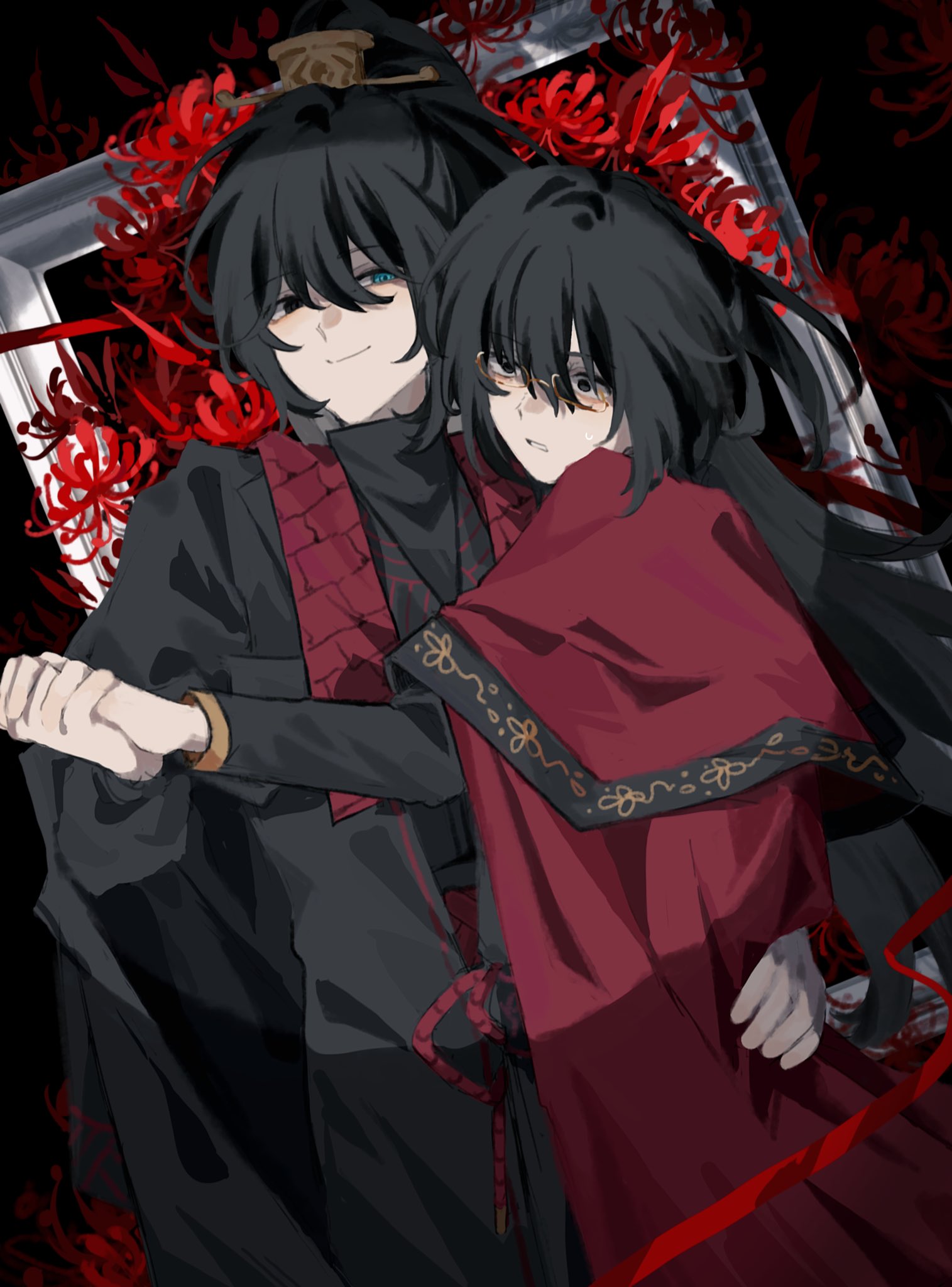 2boys, black_eyes, black_hair, black_hanfu, blue_eyes, chinese_clothes, cloak, dancing