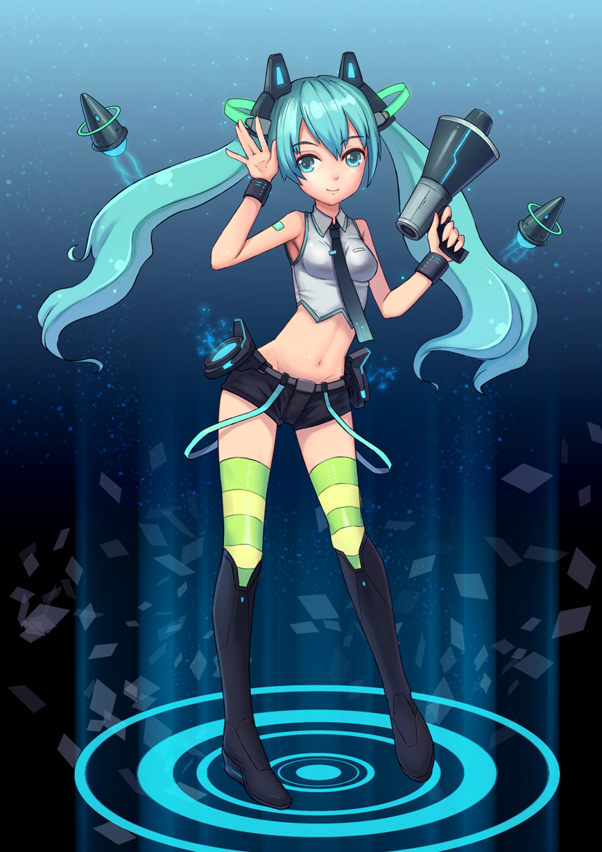 aqua_eyes, aqua_hair, boots, hatsune_miku, highres, jun_(goodgun7), long_hair, megaphone