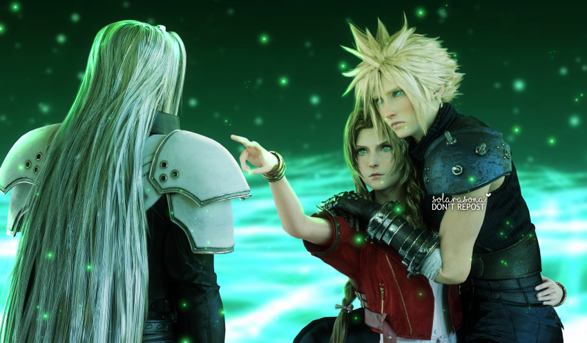 1girl, 2boys, 3d, aerith_gainsborough, aqua_eyes, arm_around_back, arm_around_shoulder, armor