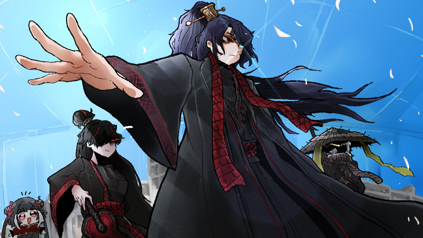 1boy, 3girls, :d, bags_under_eyes, black_eyes, black_hanfu, black_robe, blue_eyes