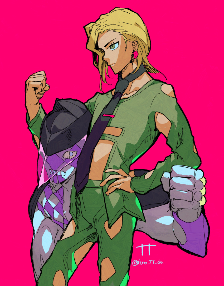 absurdres, argyle_skin, blonde_hair, clothing_cutout, drooling, earrings, food-themed_earrings, green_eyes