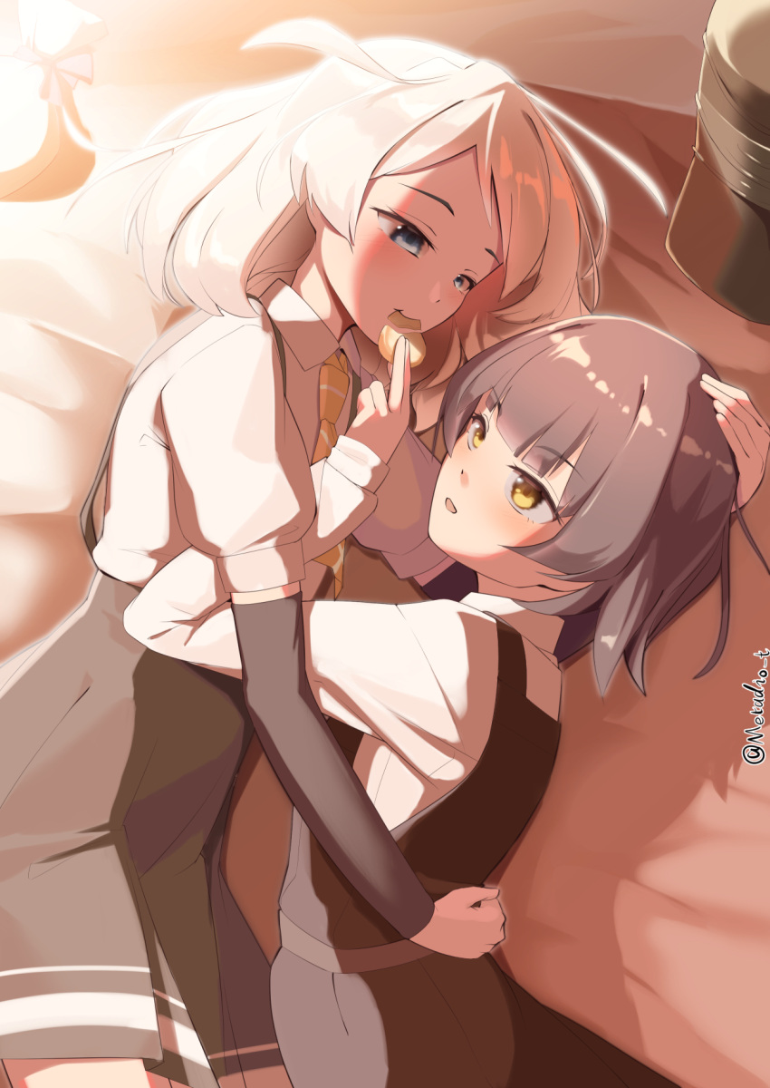 2girls, arare_(kancolle), arare_kai_ni_(kancolle), arm_warmers, bed, black_hair, blue_eyes, brown_eyes, collared_shirt, cowboy_shot, dress, dress_shirt, highres, hug, kantai_collection, lying, metadio, multiple_girls, natsugumo_(kancolle), on_side, pinafore_dress, shirt, short_hair, skirt, sleeveless, sleeveless_dress, suspender_skirt, suspenders, upper_body, white_hair, white_shirt