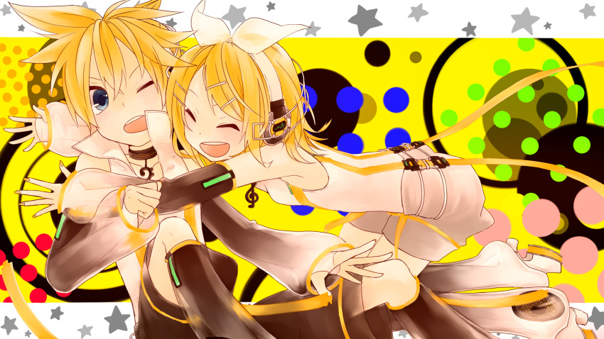 blonde_hair, blue_eyes, brother_and_sister, detached_sleeves, hair_ornament, hair_ribbon, hairclip, headphones, highres, hug, kagamine_len, kagamine_len_(append), kagamine_rin, kagamine_rin_(append), leg_warmers, ribbon, short_hair, siblings, smile, twins, ume_cake, vocaloid, vocaloid_append, wince