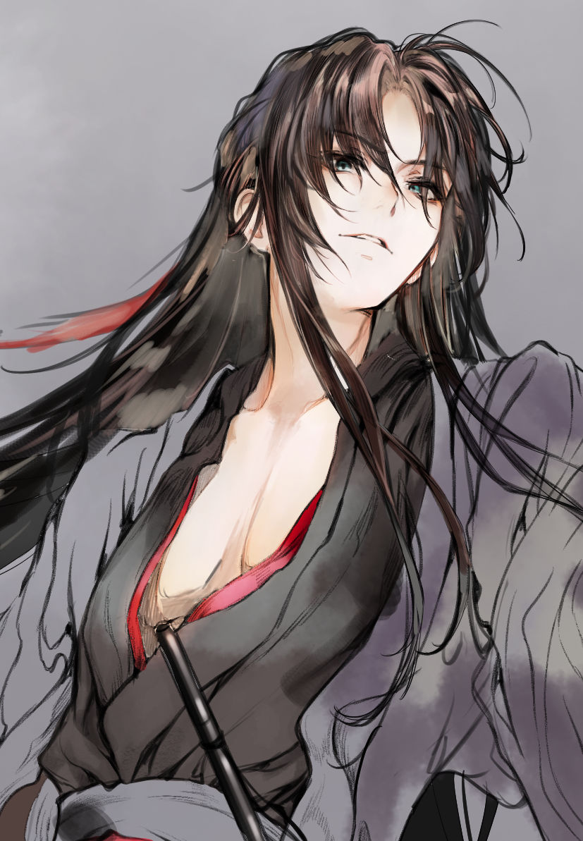 1boy, ahoge, airidog, bishounen, black_hair, black_hanfu, blue_eyes, brown_hair