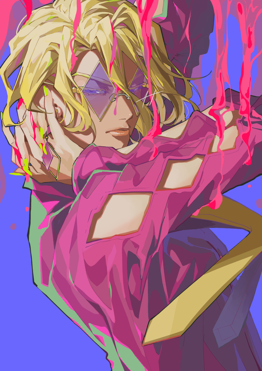 1boy, absurdres, blonde_hair, colored_eyelashes, earrings, green_nails, highres, jewelry