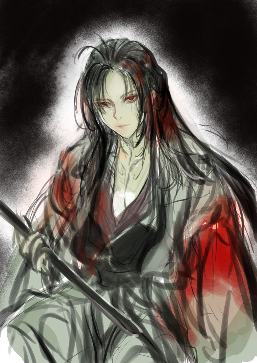 1boy, ahoge, airidog, black_background, black_hair, black_hanfu, chinese_clothes, closed_mouth
