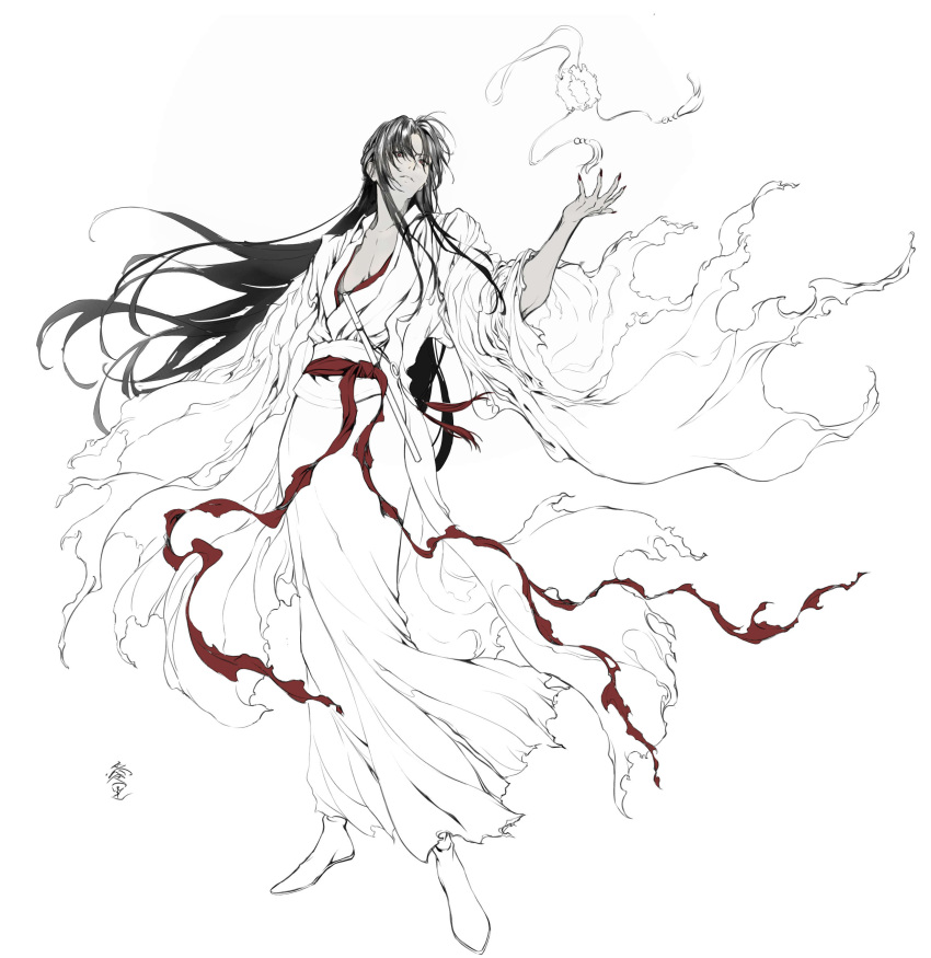 1boy, absurdres, airidog, artist_name, black_hair, boots, chinese_clothes, coat, collarbone, fingernails, floating, floating_clothes, floating_hair, flute, flute_tassel, full_body, greyscale, hair_down, half_updo, hand_up, hanfu, highres, instrument, long_hair, long_sleeves, looking_at_viewer, male_focus, modao_zushi, monochrome, nail_polish, object_floating_above_hand, official_alternate_costume, official_alternate_hairstyle, open_clothes, open_coat, outstretched_arm, parted_bangs, parted_lips, partially_colored, pectoral_cleavage, pectorals, red_eyes, red_nails, red_sash, robe, sash, sharp_fingernails, sidelocks, signature, simple_background, solo, spot_color, standing, tassel, torn_clothes, very_long_hair, wei_wuxian, wei_wuxian_(yiling_laozu), white_background, wide_sleeves, yin_hu_fu