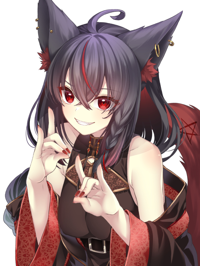 1girl, ahoge, animal_ear_fluff, animal_ear_piercing, animal_ears, bare_shoulders, belt, black_belt