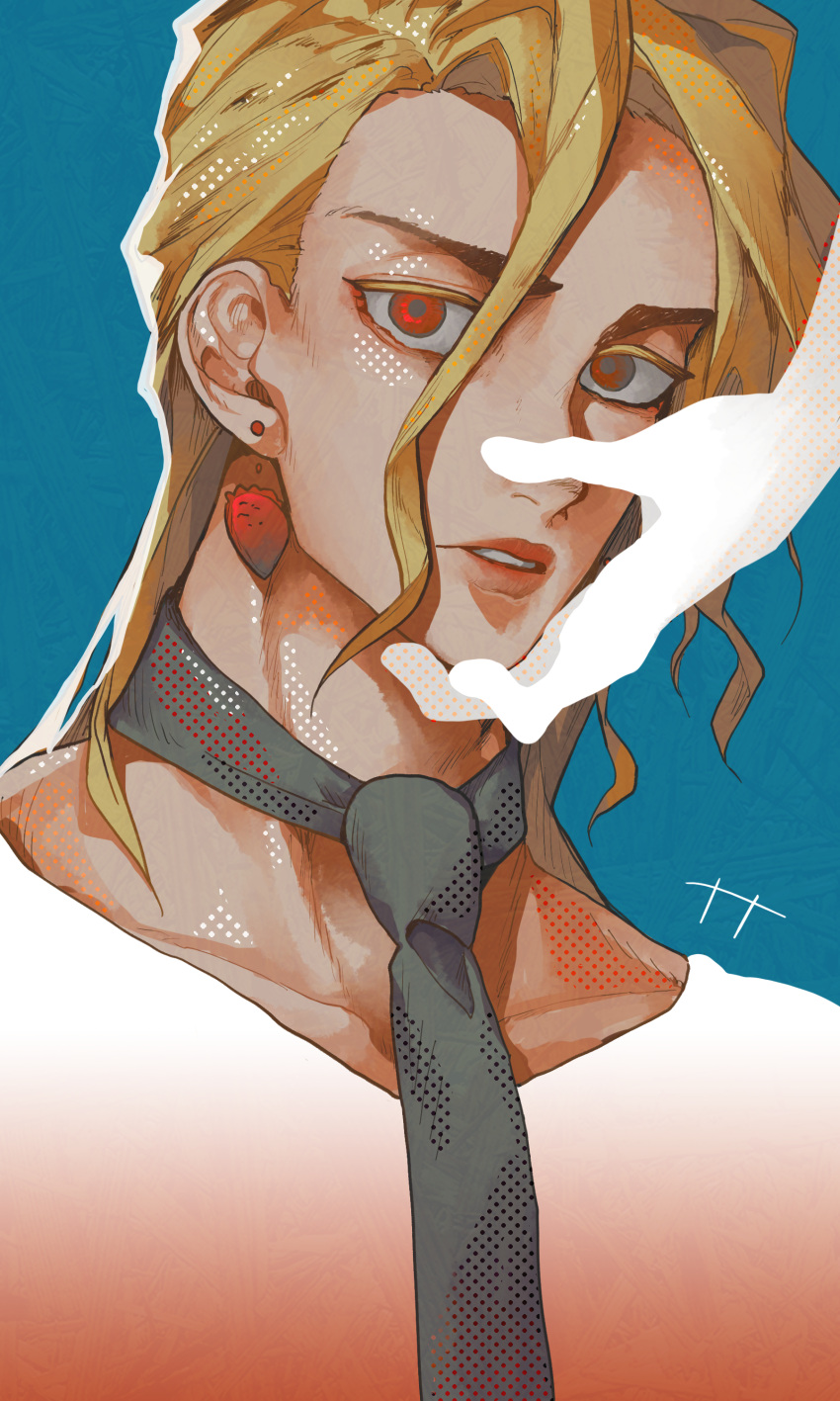 1boy, absurdres, blonde_hair, colored_eyelashes, earrings, food-themed_earrings, highres, jewelry, jojo_no_kimyou_na_bouken, lips, male_focus, necktie, pale_skin, pannacotta_fugo, parted_lips, red_eyes, strawberry_earrings, user_kayw5535, vento_aureo