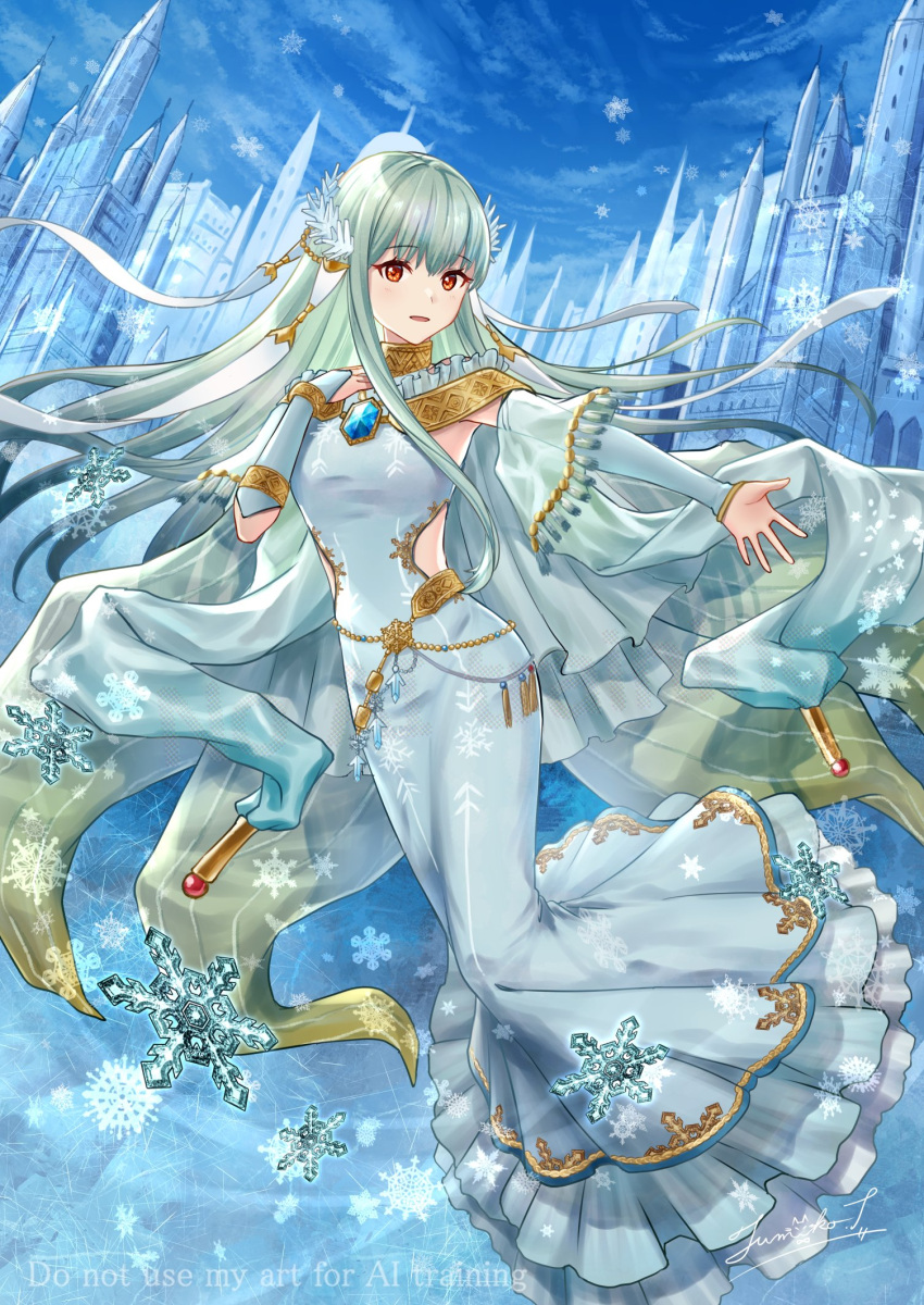 1girl, bare_hips, bare_shoulders, blue_dress, blue_hair, blue_sky, castle, dress