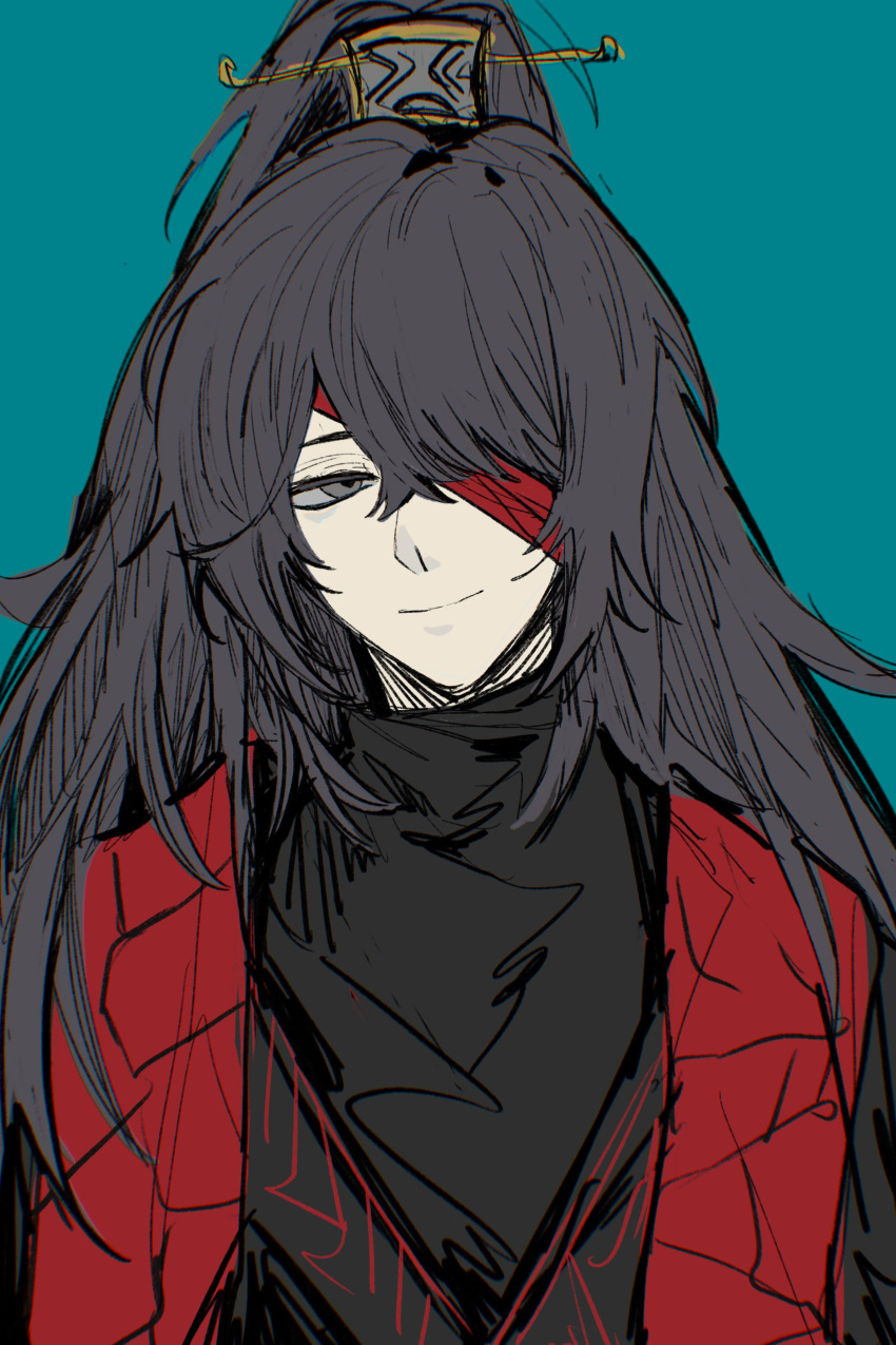 1boy, absurdres, ajiu_(s31618533), aqua_background, black_hair, black_hanfu, black_undershirt, chinese_clothes, chinese_commentary, closed_mouth, cosplay, grey_eyes, hanfu, high_ponytail, highres, hong_lu_(project_moon), jia_qiu_(project_moon), jia_qiu_(project_moon)_(cosplay), limbus_company, long_hair, looking_at_viewer, male_focus, one_eye_covered, ponytail, project_moon, red_scarf, scarf, smile, solo, upper_body, xiao_guan_(headdress)