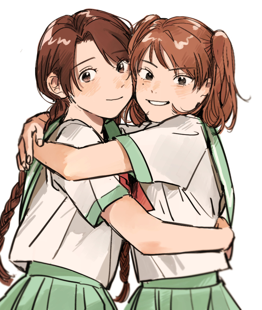 2girls, arms_around_neck, arms_around_waist, blurry, blush, braid, brown_eyes, brown_hair, coincoinco, curtained_hair, elbow_blush, fingernails, friends, from_side, green_sailor_collar, green_skirt, grin, heads_together, highres, hug, looking_at_viewer, mole, mole_under_eye, multiple_girls, narrowed_eyes, neckerchief, nose_blush, osakada_tomoka, parted_bangs, pleated_skirt, raised_eyebrows, red_neckerchief, ryuuzaki_sakuno, sailor_collar, school_uniform, serafuku, shirt, short_sleeves, simple_background, skirt, smile, tennis_no_ouji-sama, twin_braids, twintails, v-shaped_eyebrows, white_background, white_shirt, wispy_bangs