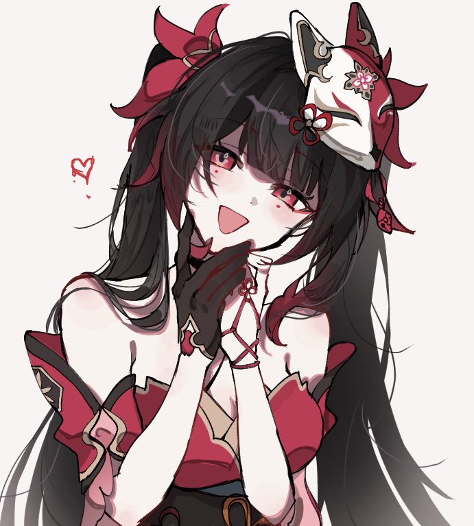 1girl, black_choker, butterfly-shaped_pupils, choker, dress, fox_mask, gloves, honkai:_star_rail, honkai_(series), jako_gnsn, mark_under_both_eyes, mask, mask_on_head, open_mouth, red_dress, red_eyes, simple_background, single_glove, solo, sparkle_(honkai:_star_rail), symbol-shaped_pupils, upper_body, white_background