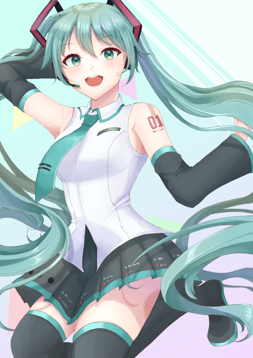 1girl, absurdres, aqua_eyes, aqua_hair, aqua_necktie, arm_behind_head, arm_up, black_boots