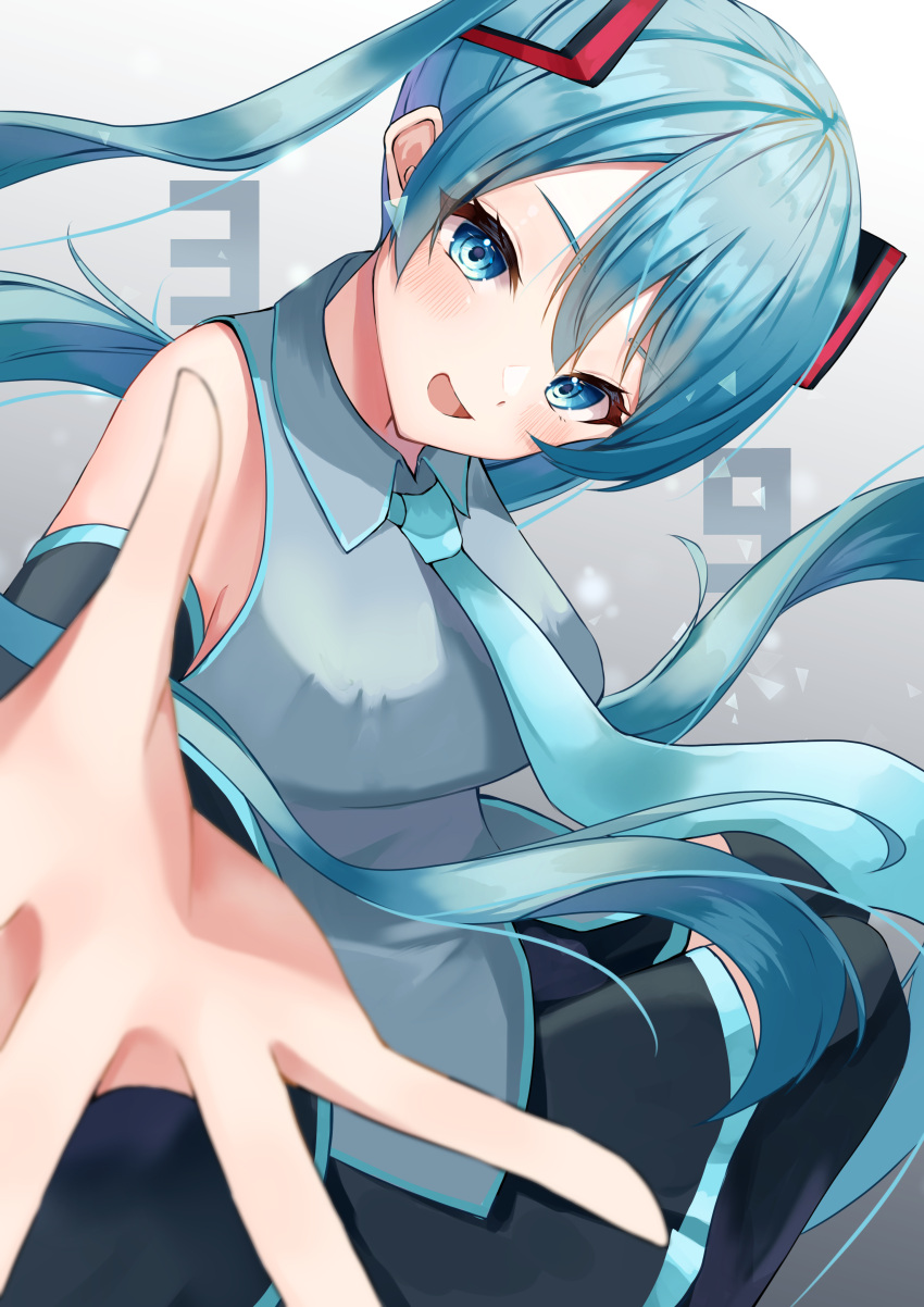 1girl, 39, absurdres, black_skirt, black_sleeves, black_thighhighs, blue_eyes, blue_hair