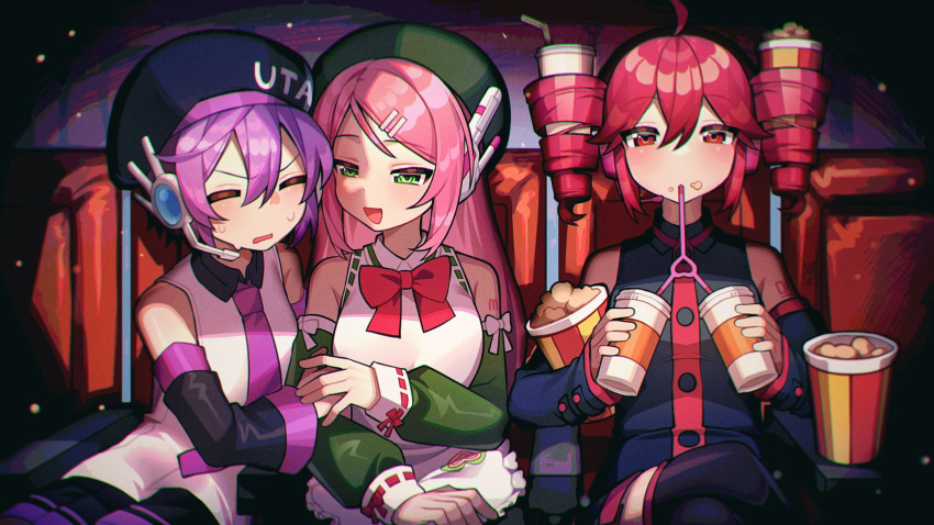 3girls, ahoge, apron, armpit_crease, beret, black_hat, black_skirt, black_sleeves