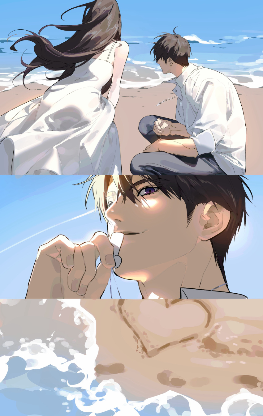 1boy, 1girl, absurdres, beach, beyondthespace, black_pants, brown_hair, caleb_(love_and_deepspace), collared_shirt, couple, dress, hair_between_eyes, hetero, highres, long_dress, long_hair, love_and_deepspace, ocean, pants, protagonist_(love_and_deepspace), shirt, short_hair, sleeveless, sleeveless_dress, sundress, violet_eyes, white_dress, white_shirt