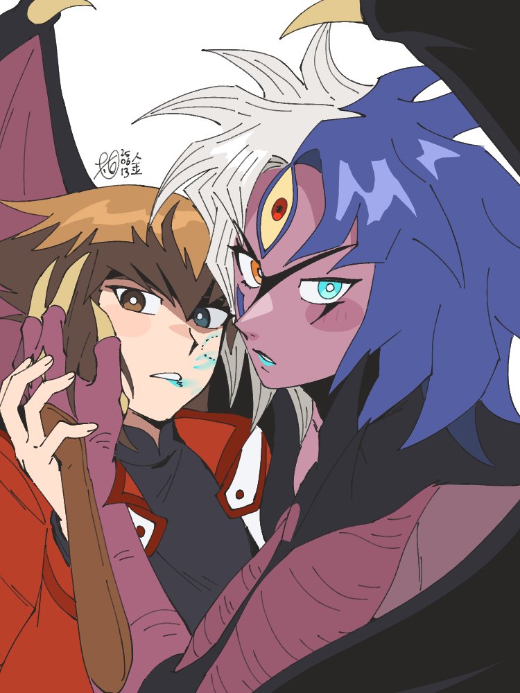 black_shirt, blue_eyes, blue_hair, brown_eyes, brown_hair, caressing_cheek, colored_skin, demon_girl