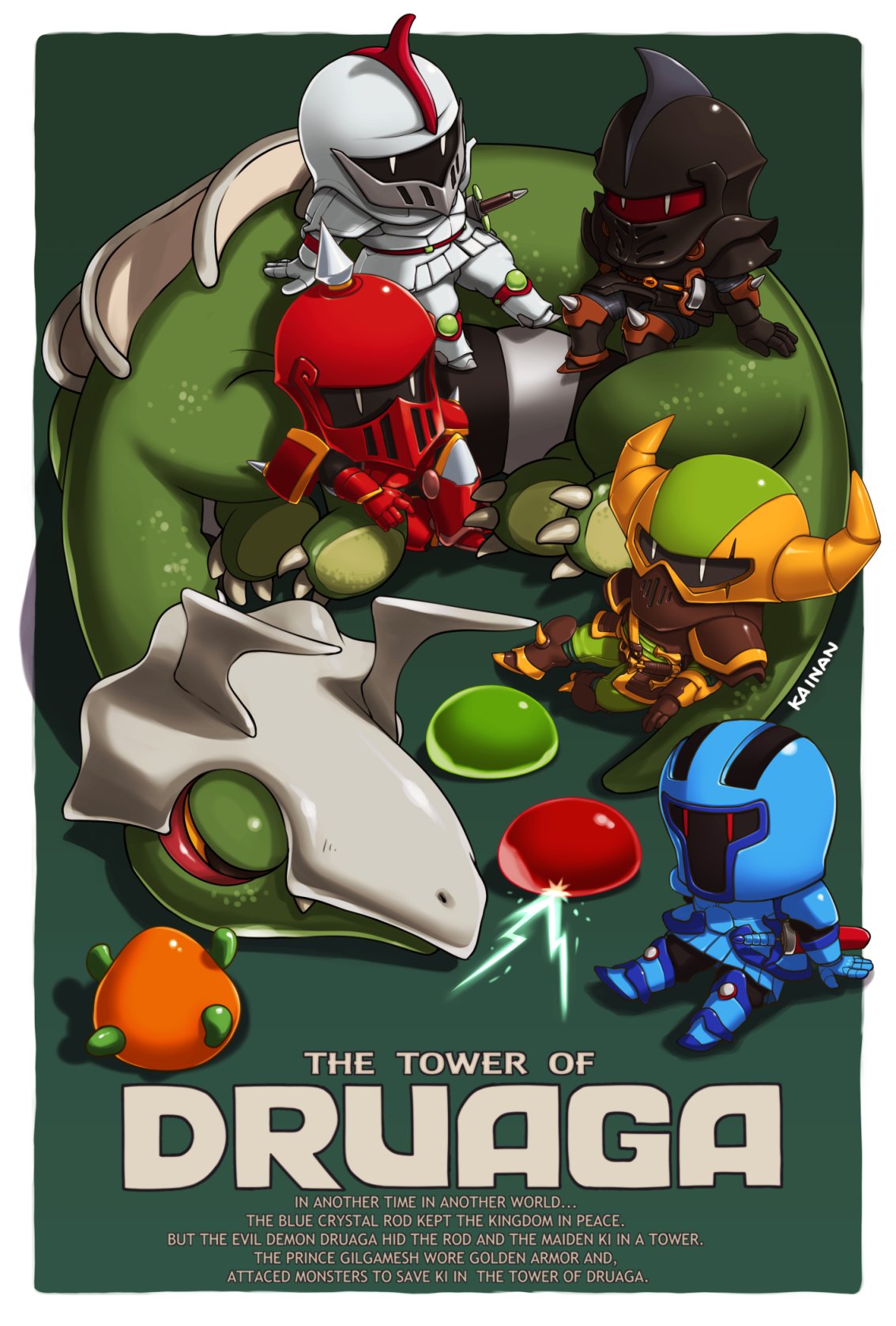 5others, armor, armored_boots, artist_name, bevor, black_armor, black_eyes, black_knight_(druaga), black_pants, black_shirt, blue_armor, blue_knight_(druaga), boots, border, colored_sclera, commentary, copyright_name, creature, cuirass, dragon, druaga_no_tou, english_text, fake_horns, fangs, gauntlets, green_pants, green_slime_(druaga), half-closed_eyes, helmet, highres, horned_helmet, horns, hyper_knight_(druaga), kainan, knight, mirror_knight_(druaga), multiple_others, pants, pauldrons, quox_(druaga), red_armor, red_eyes, red_knight_(druaga), red_slime_(druaga), roper, shirt, shoulder_armor, sitting, sitting_on_animal, slime_(creature), tassets, white_armor, white_border, white_eyes, yellow_armor, yellow_sclera, |_|