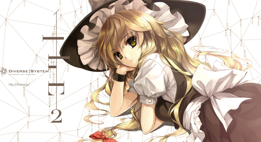 apron, blonde_hair, bow, bracelet, buttons, cancer_(constellation), chin_rest, constellation, diverse_system, dress, elbow, hair_ornament, hair_ribbon, hat, highres, jewelry, kirisame_marisa, leo_minor_(constellation), long_hair, lynx_(constellation), misaki_kurehito, on_stomach, ribbon, solo, star_chart, touhou, wallpaper, witch, witch_hat, yellow_eyes