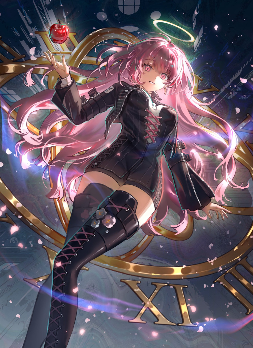 1girl, apple, arknights, black_boots, black_dress, black_jacket, black_thighhighs, boots, cowboy_shot, cropped_jacket, cross-laced_clothes, cross-laced_dress, dress, floating_food, food, fruit, halo, highres, jacket, lace-up_boots, lemuen_(arknights), long_hair, long_sleeves, looking_at_viewer, mira_(345toron), parted_lips, pink_eyes, pink_hair, solo, thigh-highs, thigh_boots, very_long_hair