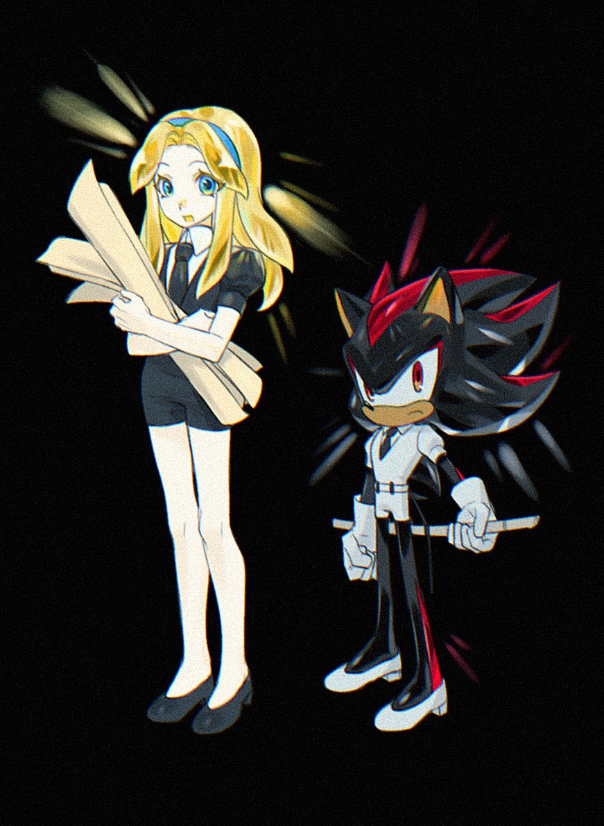 1boy, 1girl, aqua_eyes, aqua_hairband, black_background, black_fur, black_necktie, black_shirt