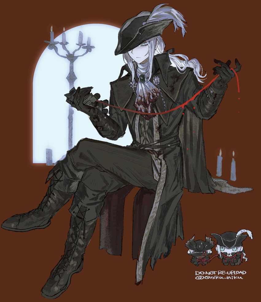 0niku_niku, 1girl, ascot, blood, bloodborne, blue_eyes, cape, coat