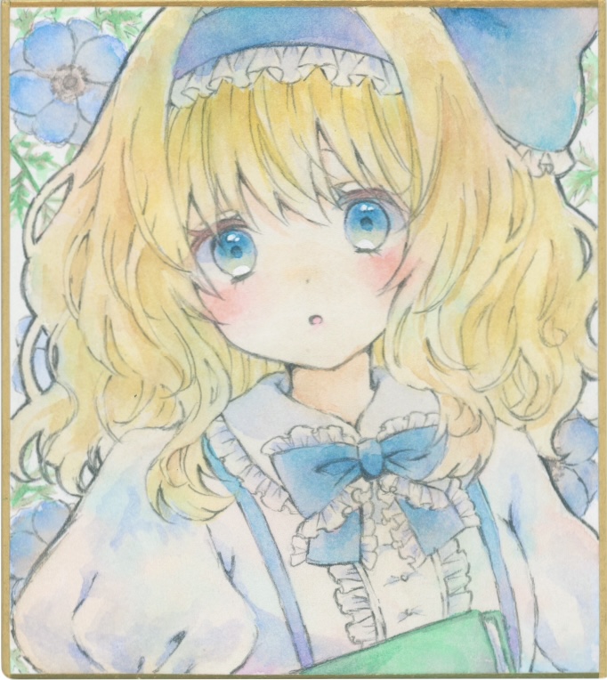 1girl, aged_down, alice_margatroid, alice_margatroid_(pc-98), blonde_hair, blue_bow, blue_bowtie, blue_eyes