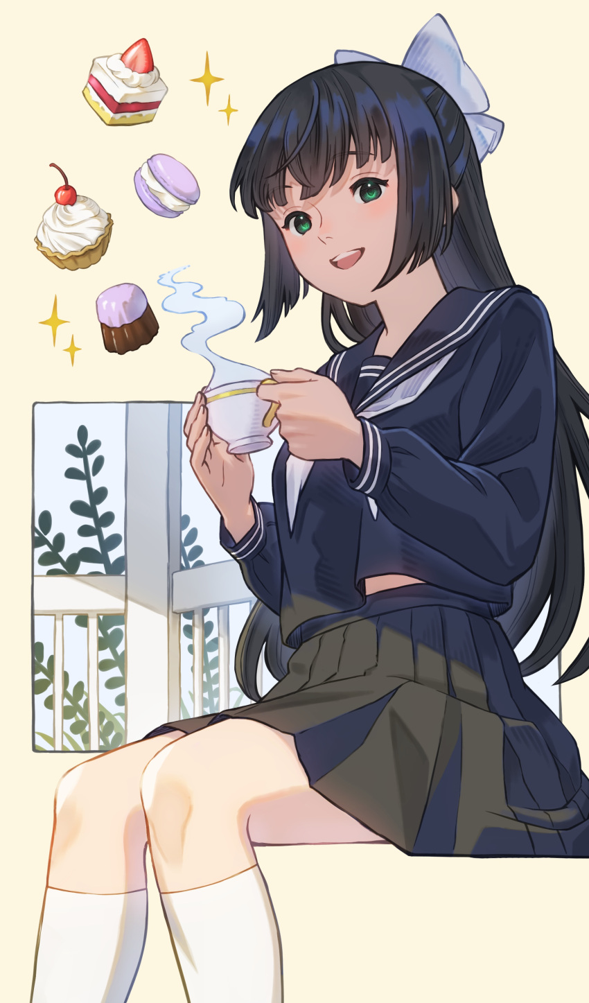 1girl, absurdres, black_hair, blue_sailor_collar, blue_serafuku, blue_shirt, blue_skirt, blunt_sidelocks, bow, cake, cherry, choppy_bangs, commentary_request, commission, cowboy_shot, cup, cupcake, food, fruit, green_eyes, hair_bow, half_updo, highres, holding, holding_cup, ito_yoshi, kneehighs, long_hair, long_sleeves, looking_at_viewer, neckerchief, open_mouth, original, pleated_skirt, sailor_collar, school_uniform, serafuku, shirt, sidelocks, simple_background, sitting, skeb_commission, skirt, smile, socks, solo, star_(symbol), steam, steaming_cup, straight_hair, strawberry, teacup, teeth, upper_teeth_only, white_bow, white_neckerchief, white_socks, yellow_background, zettai_ryouiki