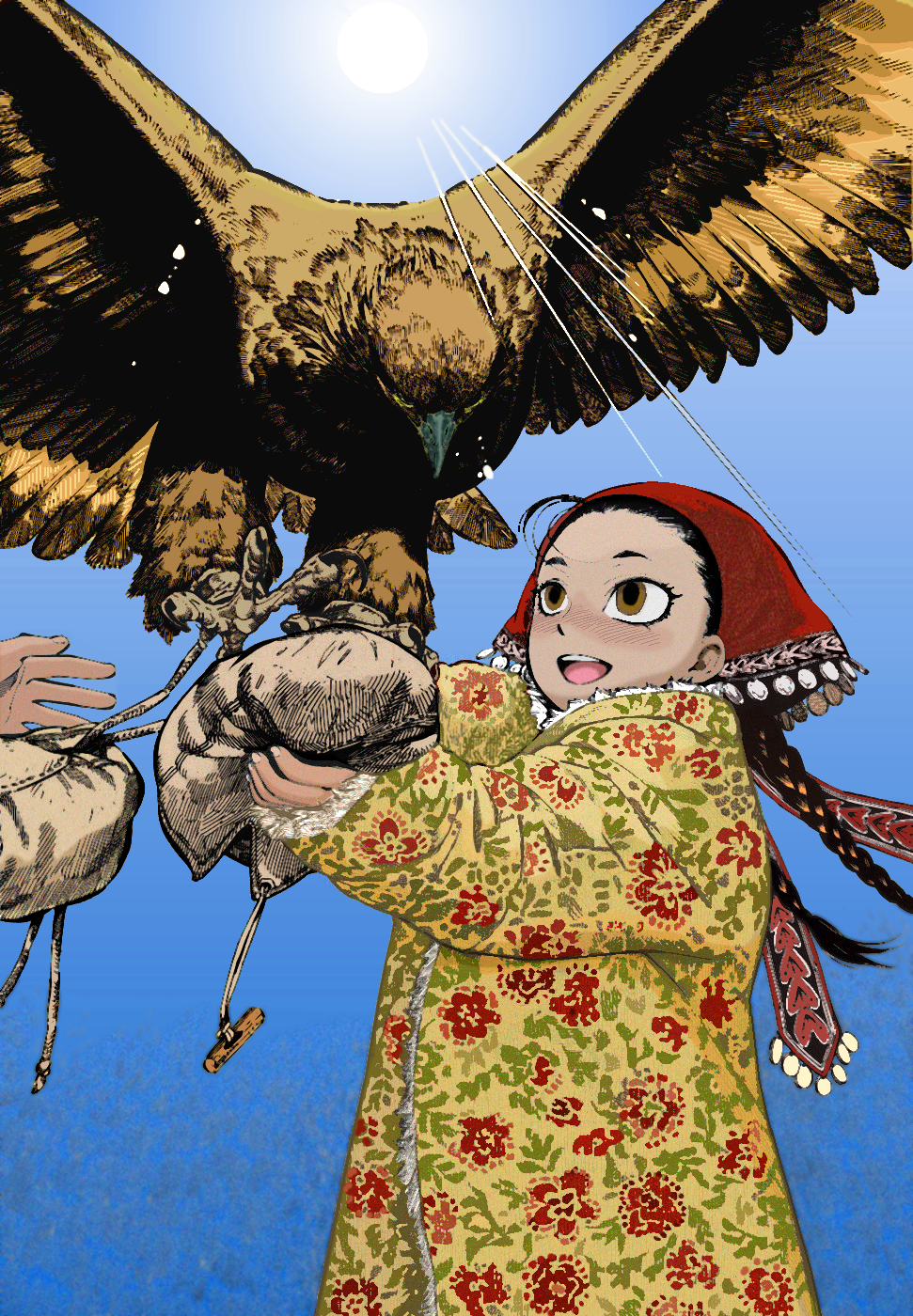 1girl, animal, bird, blue_sky, braided_twintails, brown_eyes, brown_gloves, brown_hair