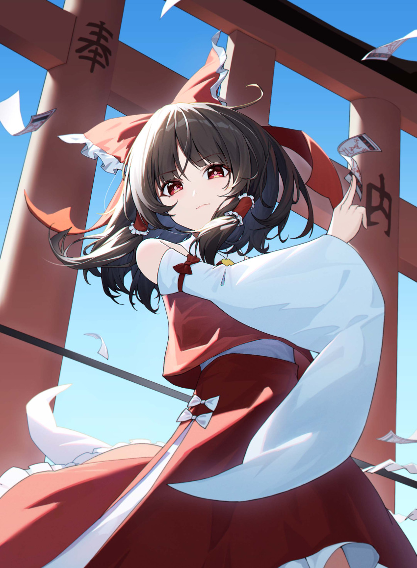 1girl, absurdres, ascot, between_fingers, blue_sky, bow, brown_hair, chinese_commentary