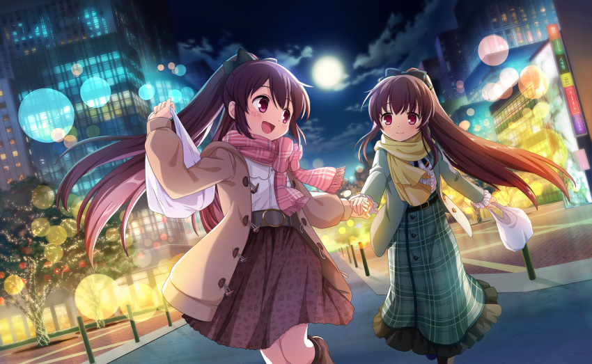 2girls, amane_tsukasa, amane_tsukasa_(winter_costume), amane_tsukuyo, amane_tsukuyo_(winter_costume), artist_request, bag, belt