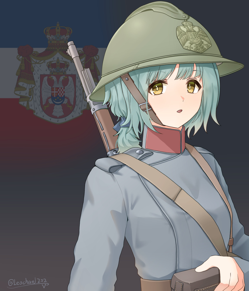 1girl, absurdres, ammunition_pouch, artist_name, belt, blue_jacket, brown_belt, commentary