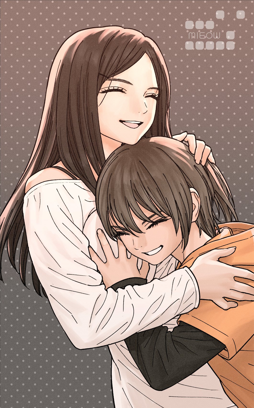 2girls, brown_hair, closed_eyes, commentary_request, highres, hood, hoodie, hug