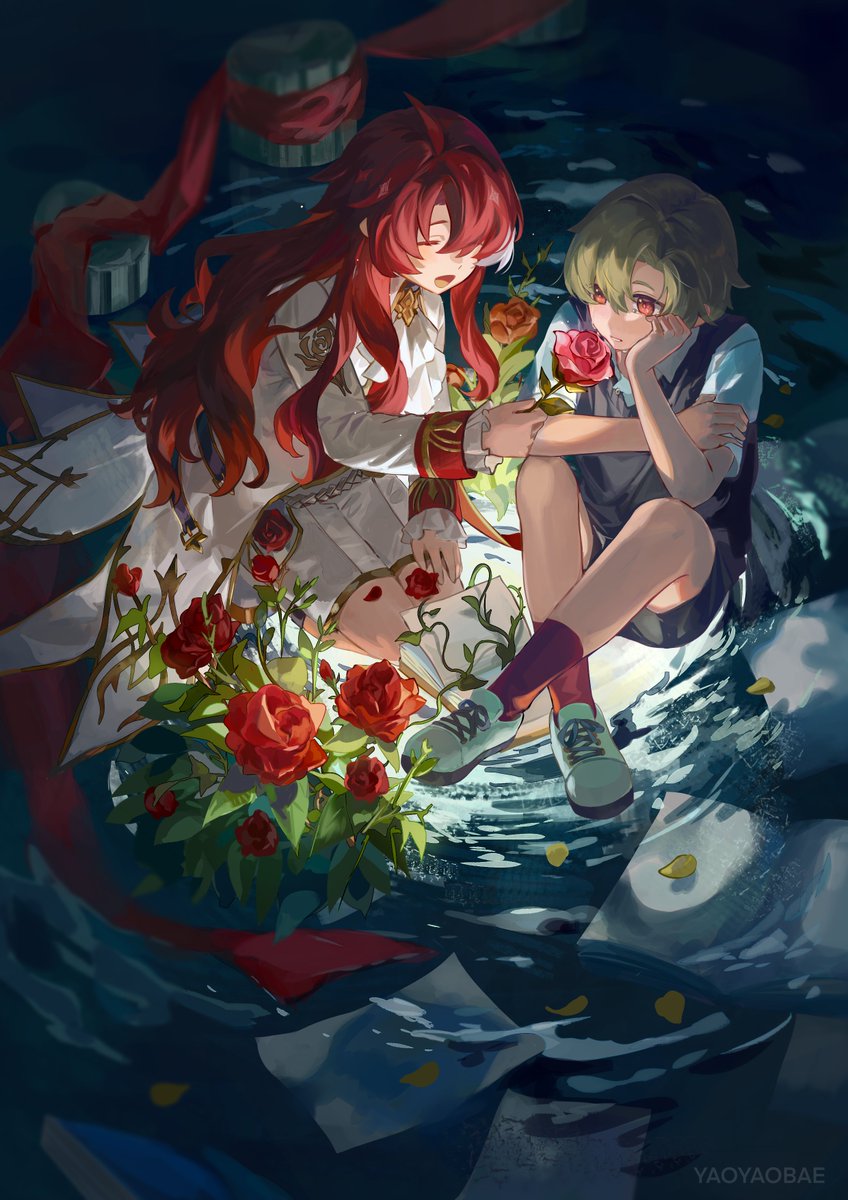 2boys, argenti_(honkai:_star_rail), closed_mouth, flower, head_rest, highres, holding, holding_flower, honkai:_star_rail, honkai_(series), long_hair, male_focus, multiple_boys, open_mouth, red_eyes, red_flower, red_rose, rose, short_hair, sitting, smile, velite_(honkai:_star_rail), water, yaoyaobae
